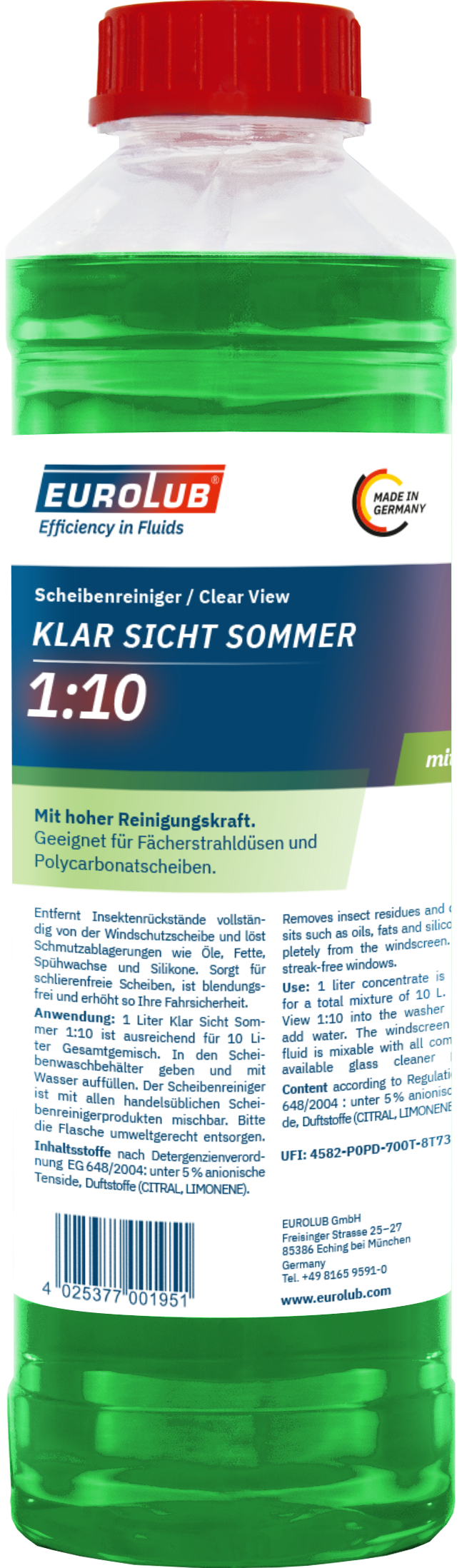 Eurolub Klar Sicht Sommer 1:10 Scheibenreiniger-Konzentrat 1l
