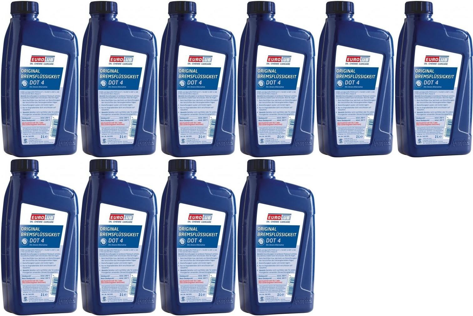 EUROLUB Bremsflüssigkeit DOT 4 10x 1l = 10 Liter Bremsflüssigkeit