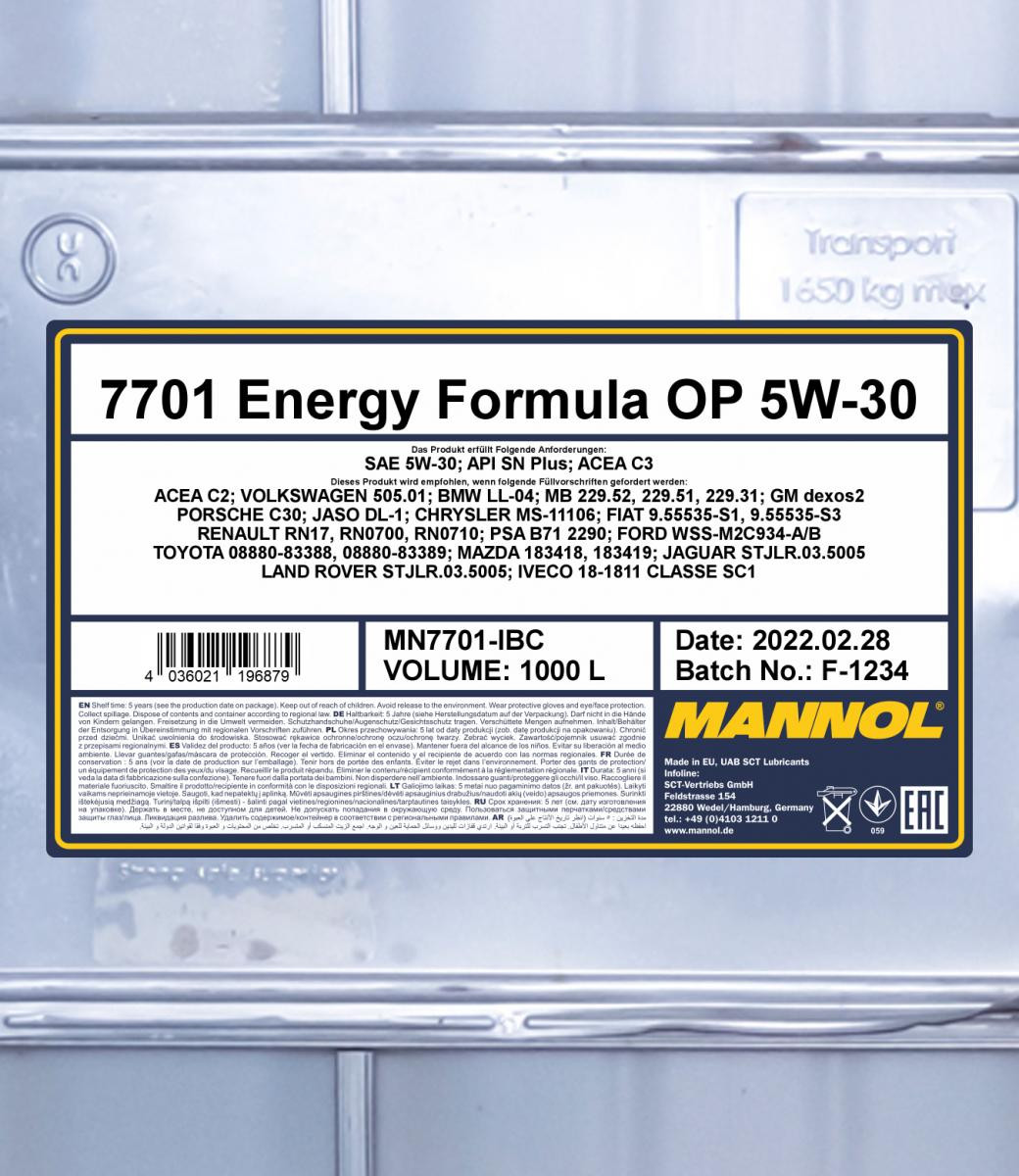 Mannol 7701 Energy Formula OP 5W-30 Motoröl 1000l IBC Container