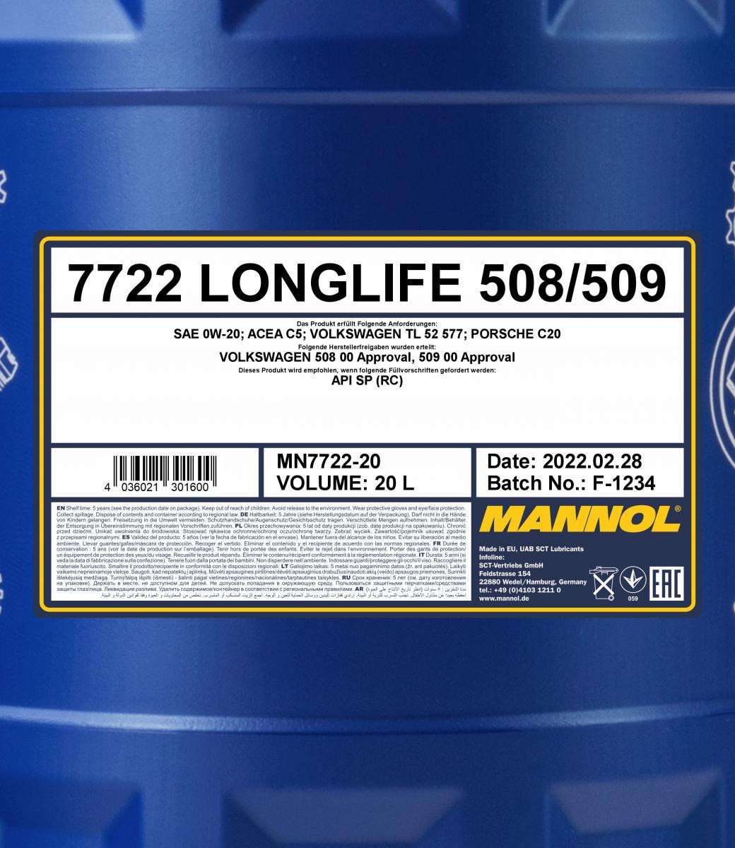 Mannol 7722 Longlife 508/509 0W-20 Motoröl 20l Kanister