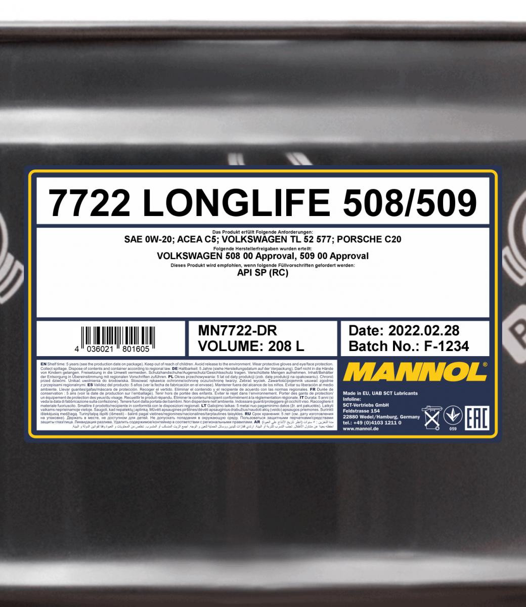 Mannol 7722 Longlife 508/509 0W-20 Motoröl 208l Fass