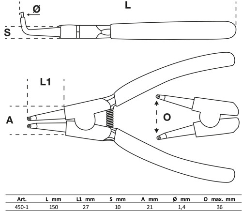 BGS Sprengringzange | abgewinkelt | für Außensprengringe | 150 mm