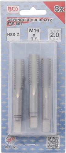 BGS Gewindebohrer-Satz | Vor-, Mittel- und Fertigschneider | HSS-G | M16 x 2,0 mm | 3-tlg.