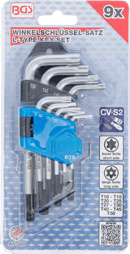 BGS Winkelschlüssel-Satz | kurz | T-Profil (für Torx) mit Bohrung T10 - T50 | 9-tlg.