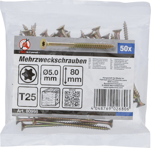 BGS Mehrzweckschrauben | T-Profil (für Torx) T25 | 5,0 x 80 mm | 50 Stück