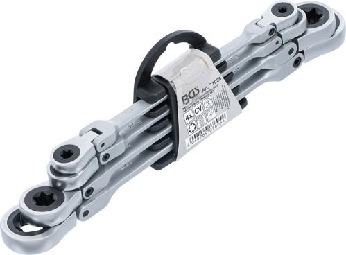 BGS Doppel-Ratschen-Ringschlüssel-Satz | abwinkelbar | mit E-Profil Ringköpfen | SW E6 - E24 | 4-tlg.