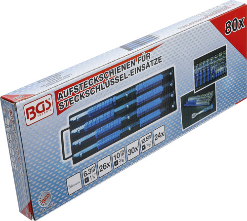BGS Aufsteckschienen-Set für Steckschlüssel-Einsätze | mit 80 Clips | für Einsätze 6,3 mm (1/4