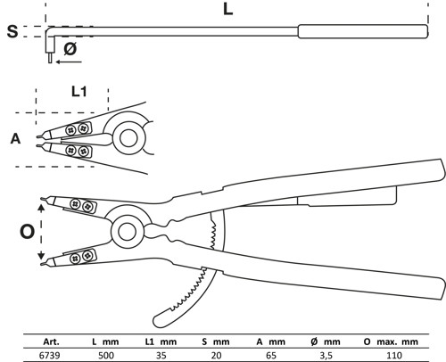 BGS Sprengringzange | abgewinkelt | für Außensprengringe | 500 mm