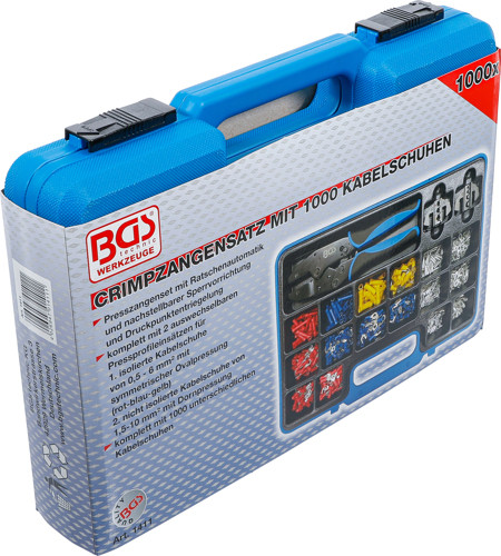BGS Crimpzangen-Satz | mit 2 Paar Backen | mit Kabelschuh-Sortiment | 1000-tlg.