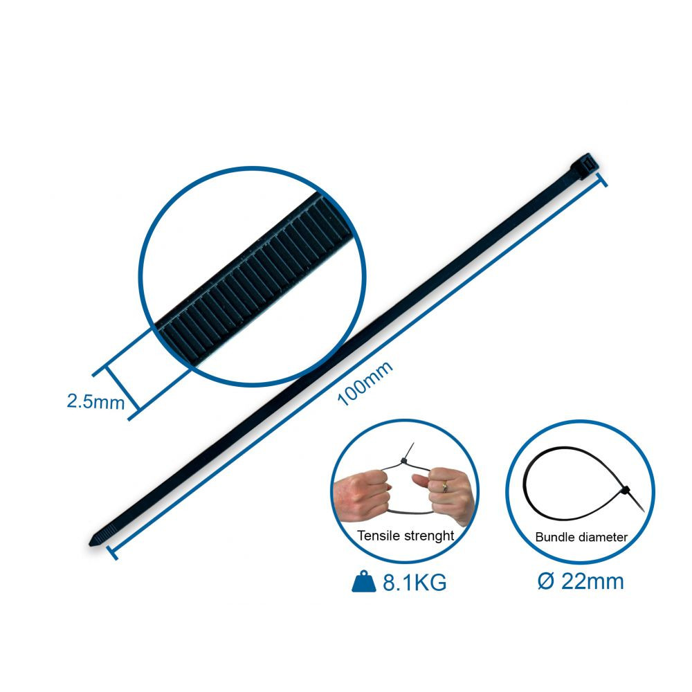 Kortpack 100 Stk. Schwarze Kabelbinder 100mm x 2,5mm mit 8kg Zugkraft UV-beständig