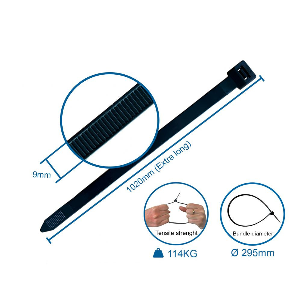 Kortpack 100 Stk. Schwarze Kabelbinder 1020mm x 9mm mit 79,4kg Zugkraft UV-beständig