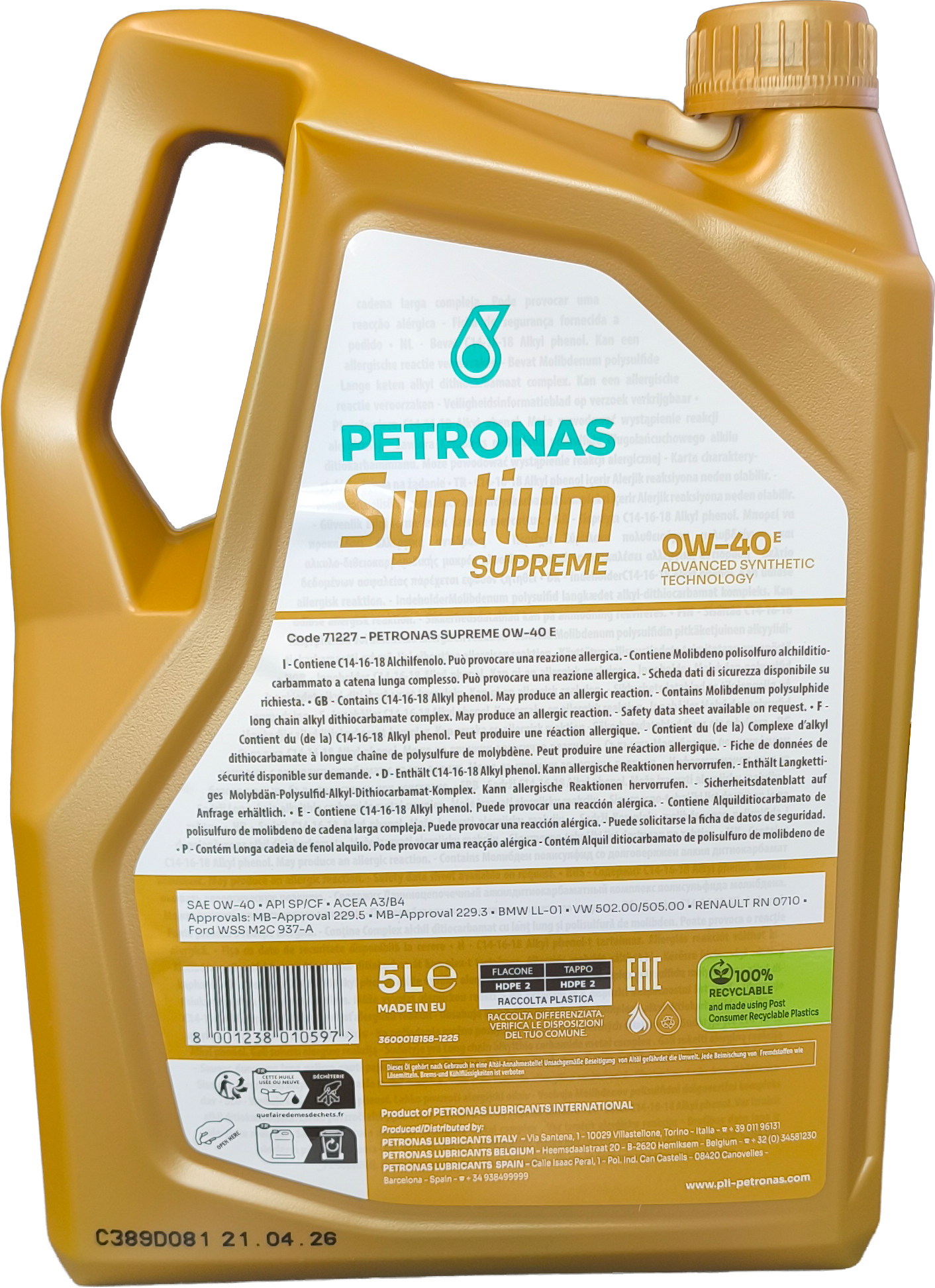 Petronas Syntium Supreme 0W-40 E 5l Kanister