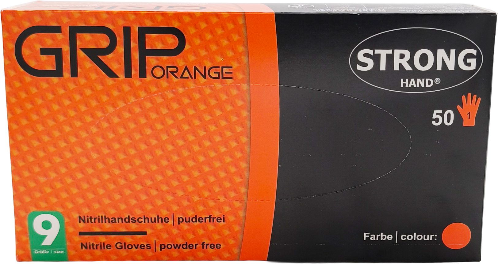 Stronghand Nitril Handschuhe GRIP orange, puderfrei, Größe L - 9, 50 Stück Packung