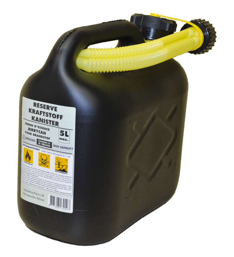 Benzinkanister 5 Liter - UN-geprüft 670 gramm schwarz/Gelb mit Ausgießer