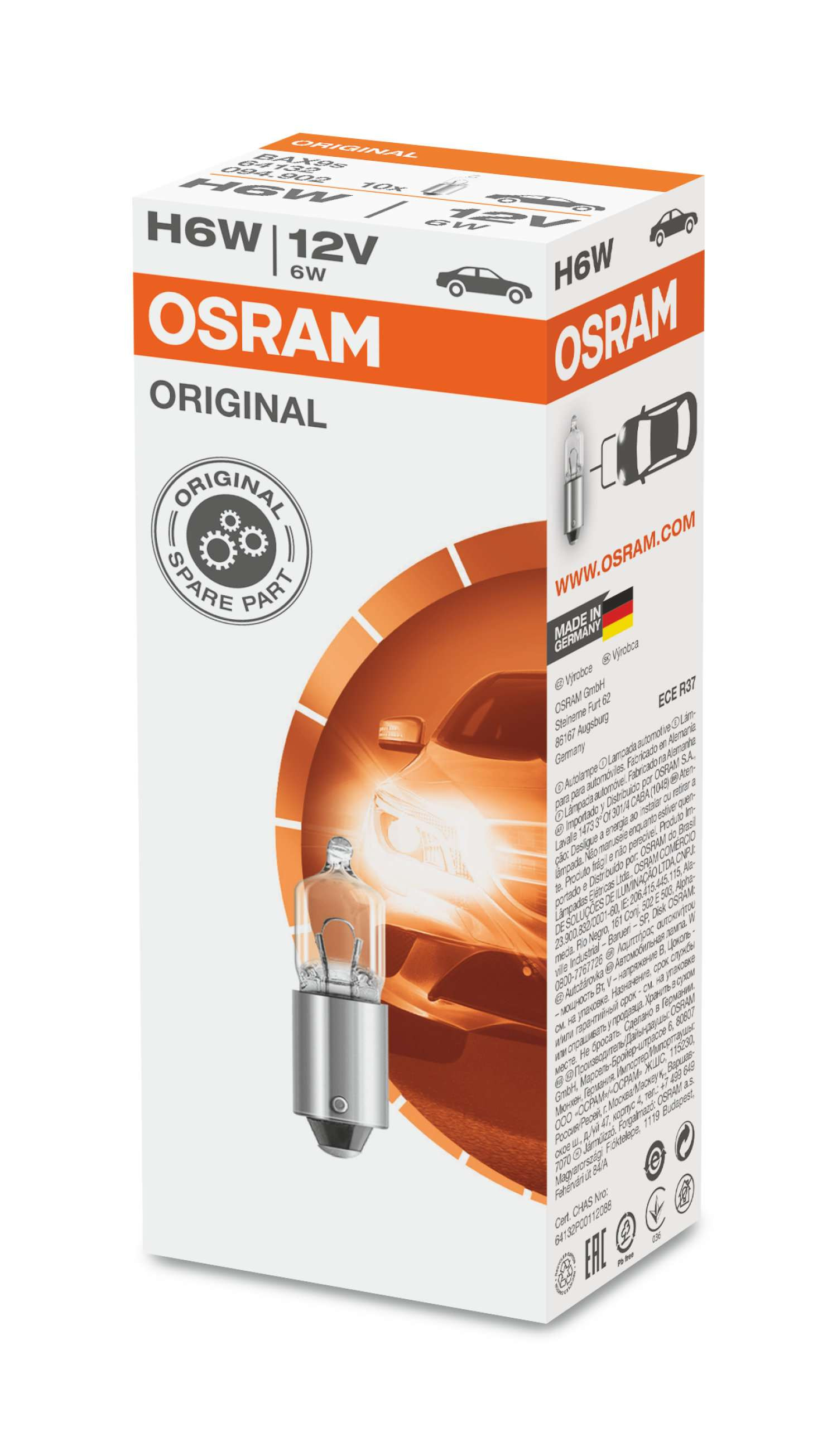 Osram Original Glühlampe H6W BAX9s 12V 6W 1 Stück