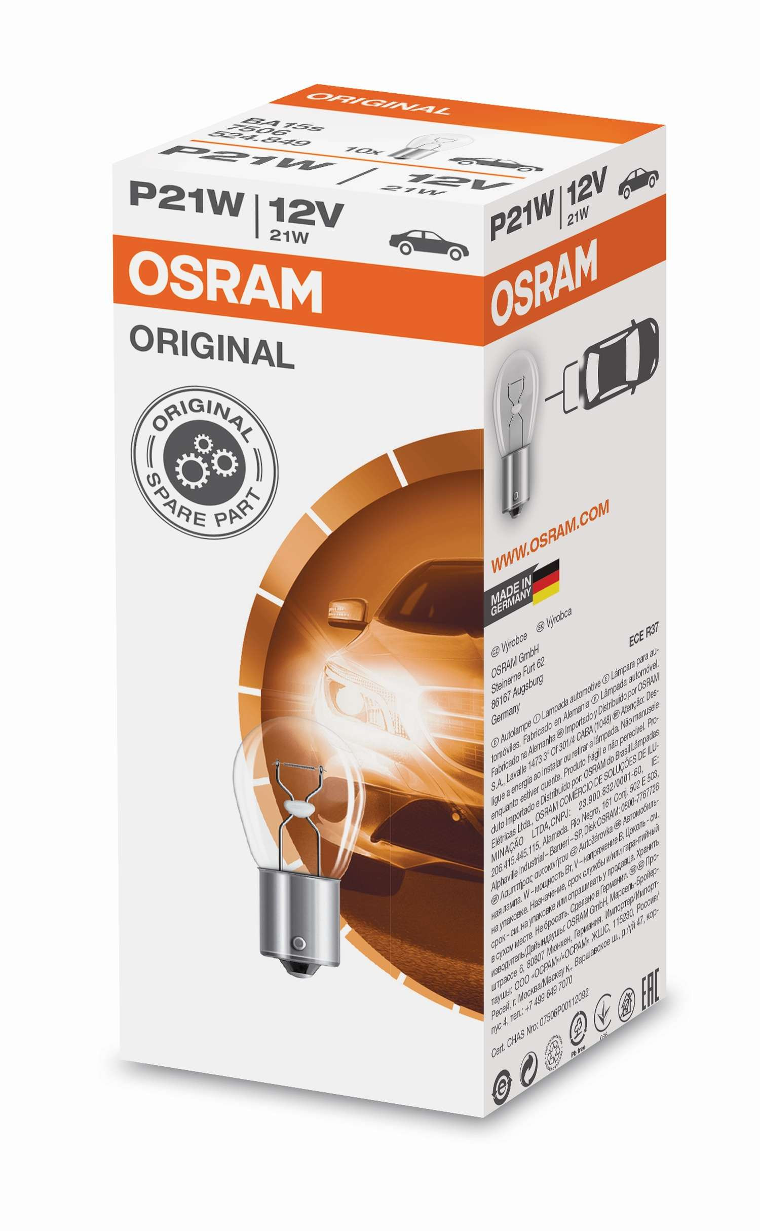 Osram Lampe mit Metallsockel Glühlampe P21W BA15s 12V 21W 1 Stück