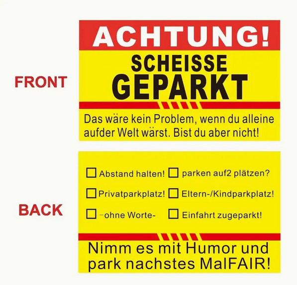 1 Stk. Hinweis Karte (Achtung Scheisse geparkt) - Lustige Deutsche Parktickets, Gelbe Lustige Parkankündigungen, Papierparkkarten Für Unautorisierte Parkfahrzeuge, Warnung Parkkarten