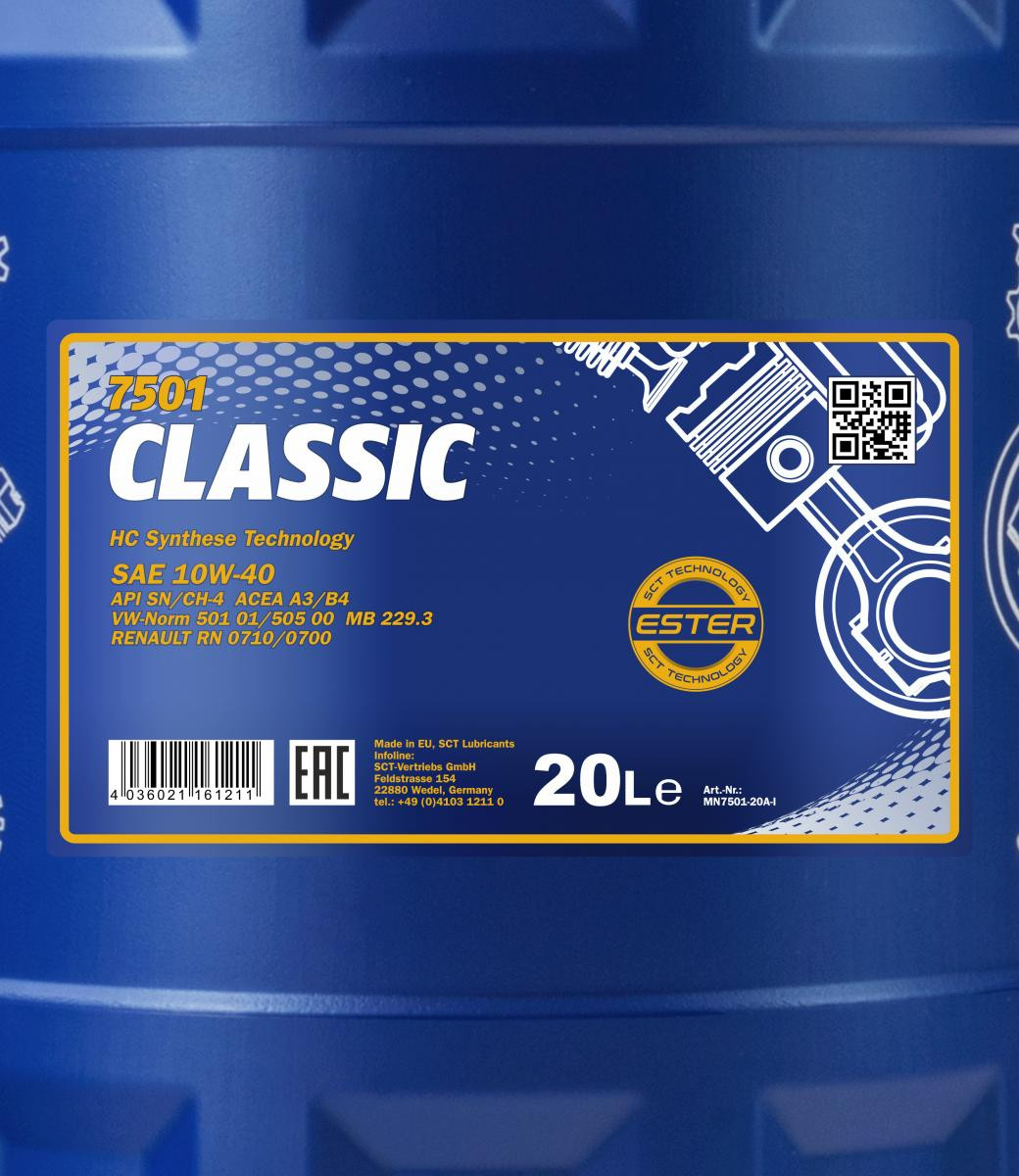 MANNOL Classic 10W40 Diesel & Benziner Motoröl 20Liter Kanister SAE 10W40 PKW Motoröle