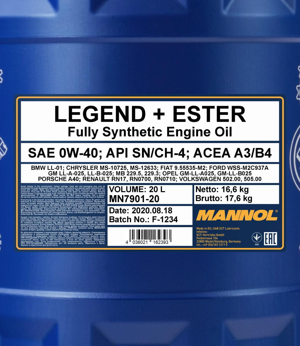 Mannol 7901 Legend + Ester 0W-40 synthetisches Motoröl 20l Kanister