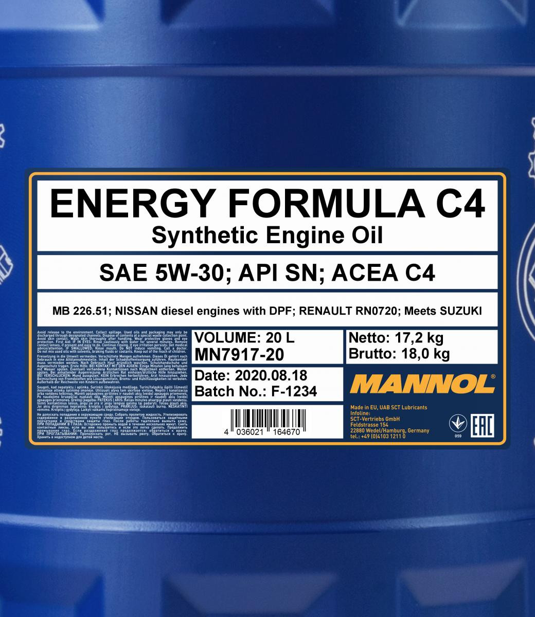 Mannol 7917 Energy Formula C4 5W-30 synthetisches Motoröl 20l Kanister