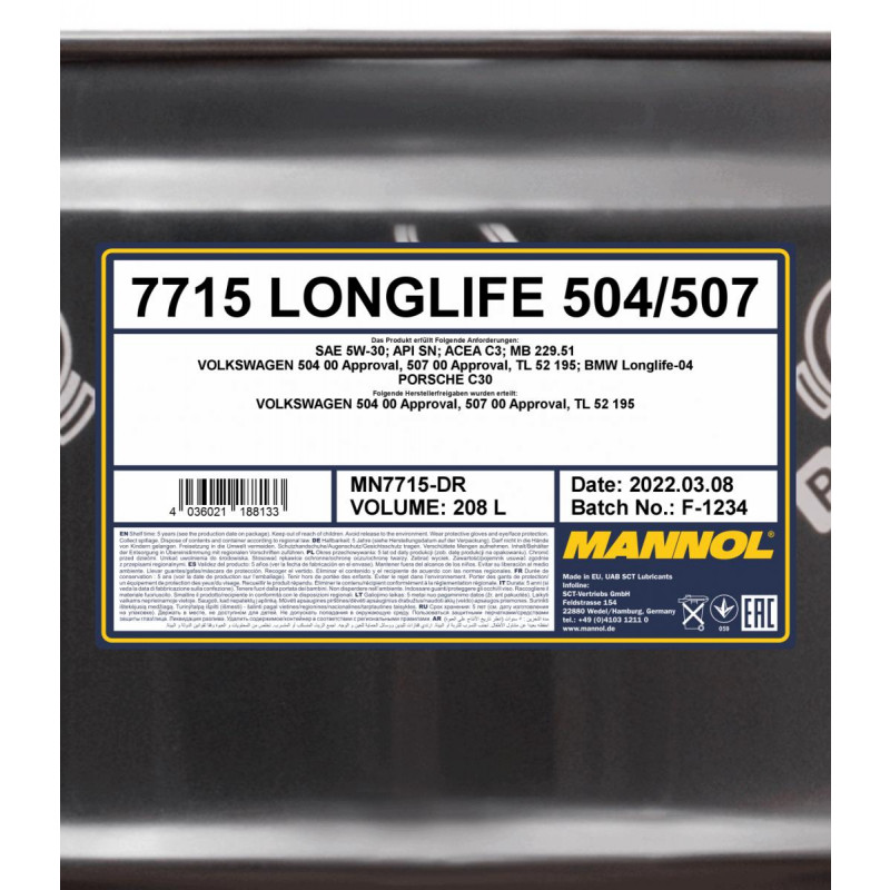 Mannol 7715 LONGLIFE 504/507 5W-30 Motoröl 208l Fass - SAE 5W-30 - PKW  Motoröle - Mannol - Öl Marken - Öle 