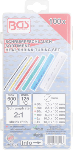 Pollin-Choice Schrumpfschlauch-Sortiment 100-tlg. – PVC, Weiß, 100 Mm Länge, 1,5–13 Mm Durchmesser, 2:1 Schrumpfrate, 125 °C