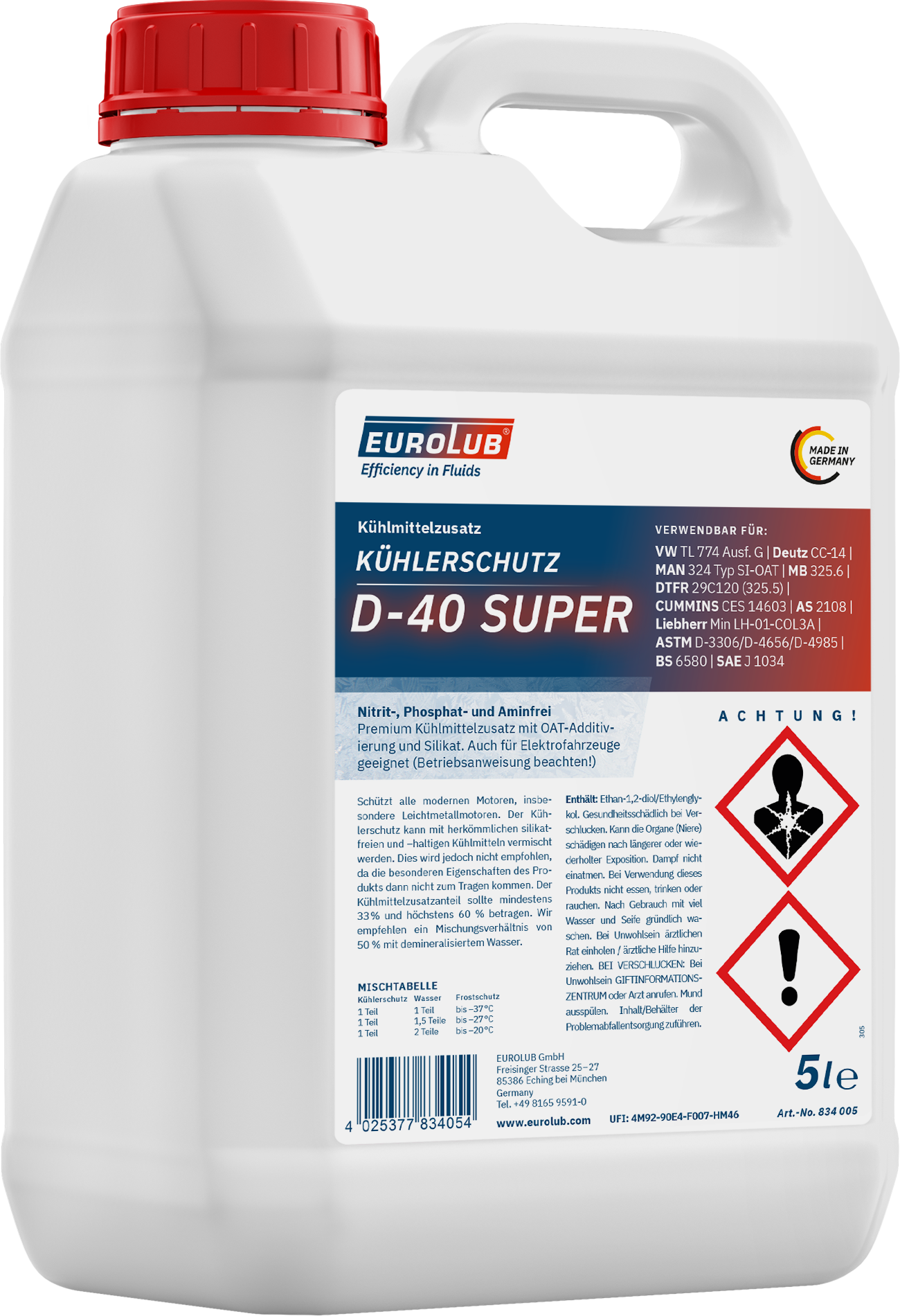 Eurolub Kühlerfrostschutz D-40 Super Konzentrat 5l - Kühlerschutz ROT -  Kühlerschutz - Pflege & Wartung 